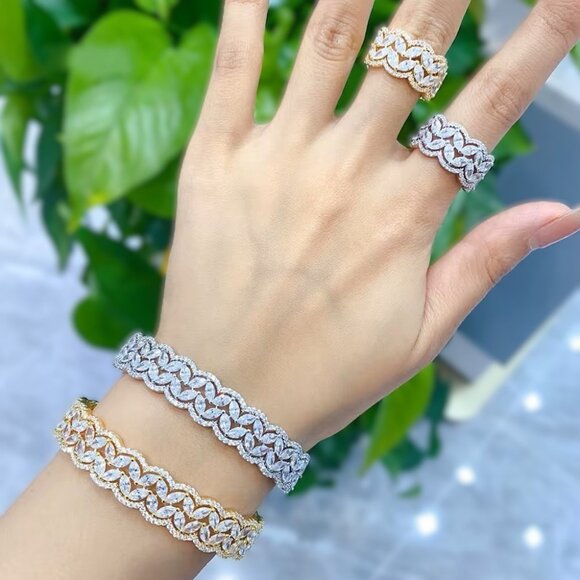 Rhodium or Gold-plated lab-created Marquise Diamond Cuff Bracelet - Picture 1 of 5